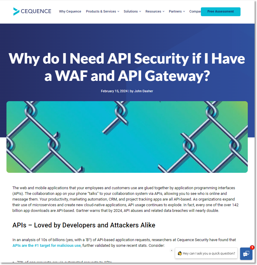 >Cequence blog: Why do I need API security if I have a WAF and API gateway?